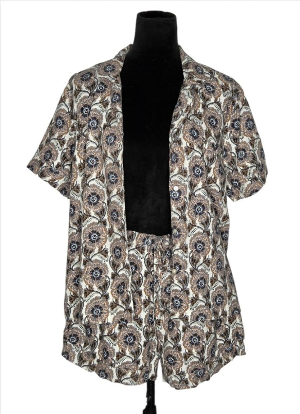 Rachel Zoe Linen Blend Floral Print Button Front Shirt & Shorts Two Piece Set L